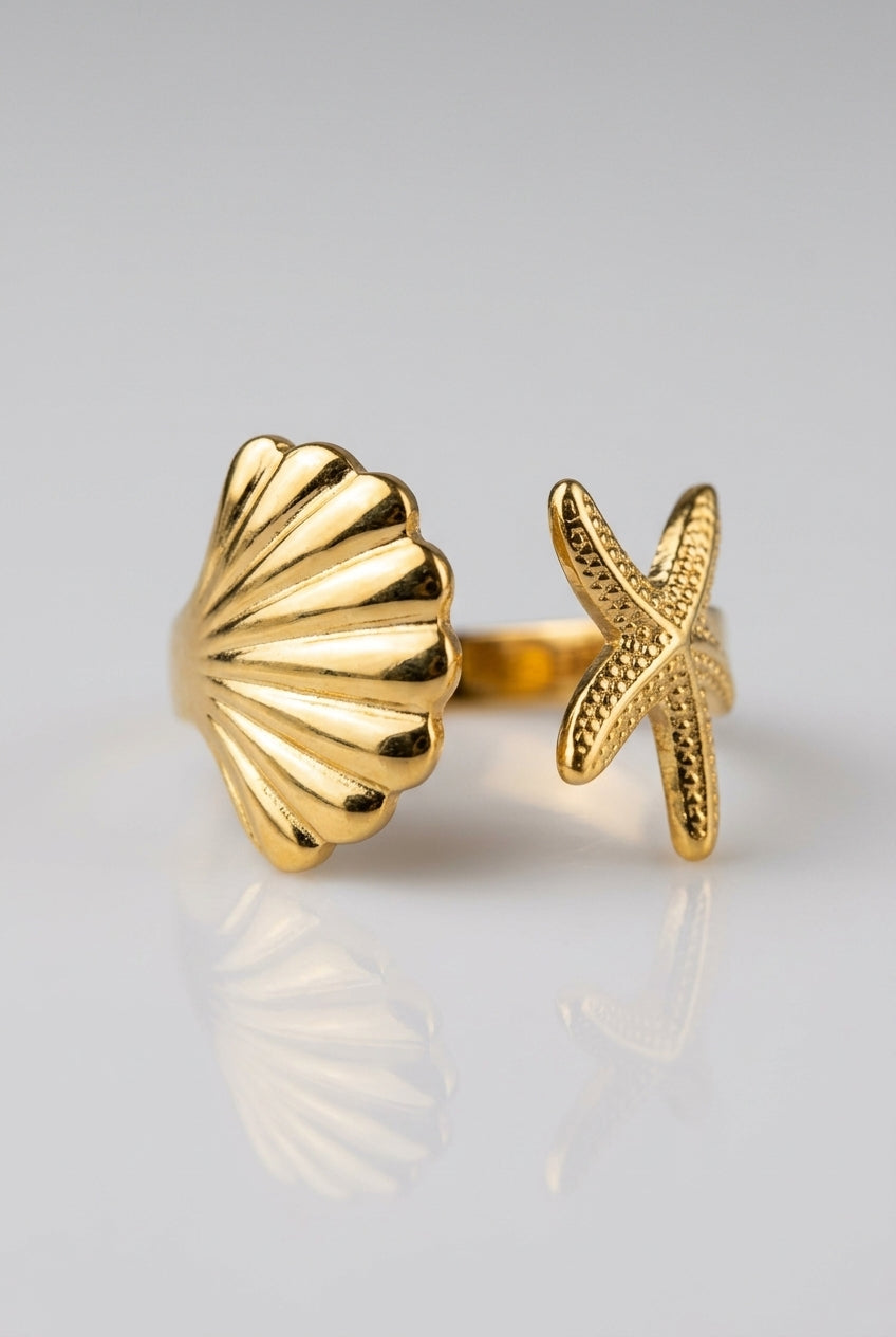 Ocean Breeze Starfish & Seashell Open Ring – Gold-Plated Stainless Steel