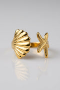 Ocean Breeze Starfish & Seashell Open Ring – Gold-Plated Stainless Steel