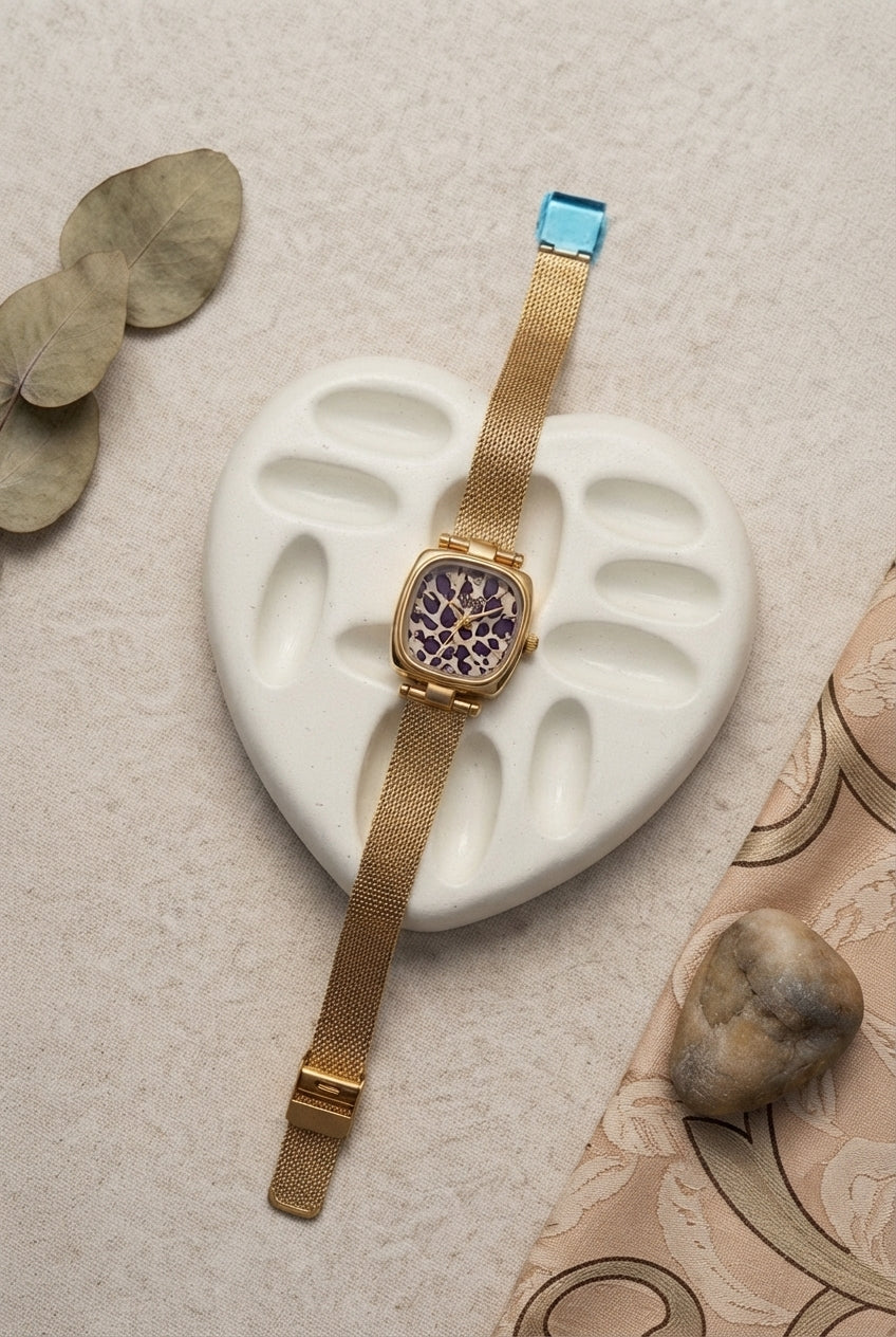 Leopard Dial Mesh Strap Watch – Stainless Steel