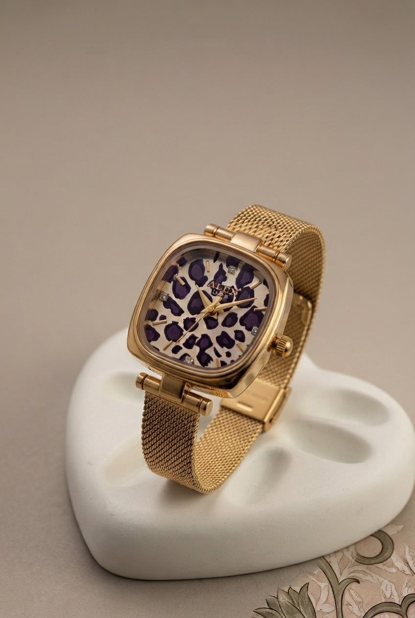 Leopard Dial Mesh Strap Watch – Stainless Steel