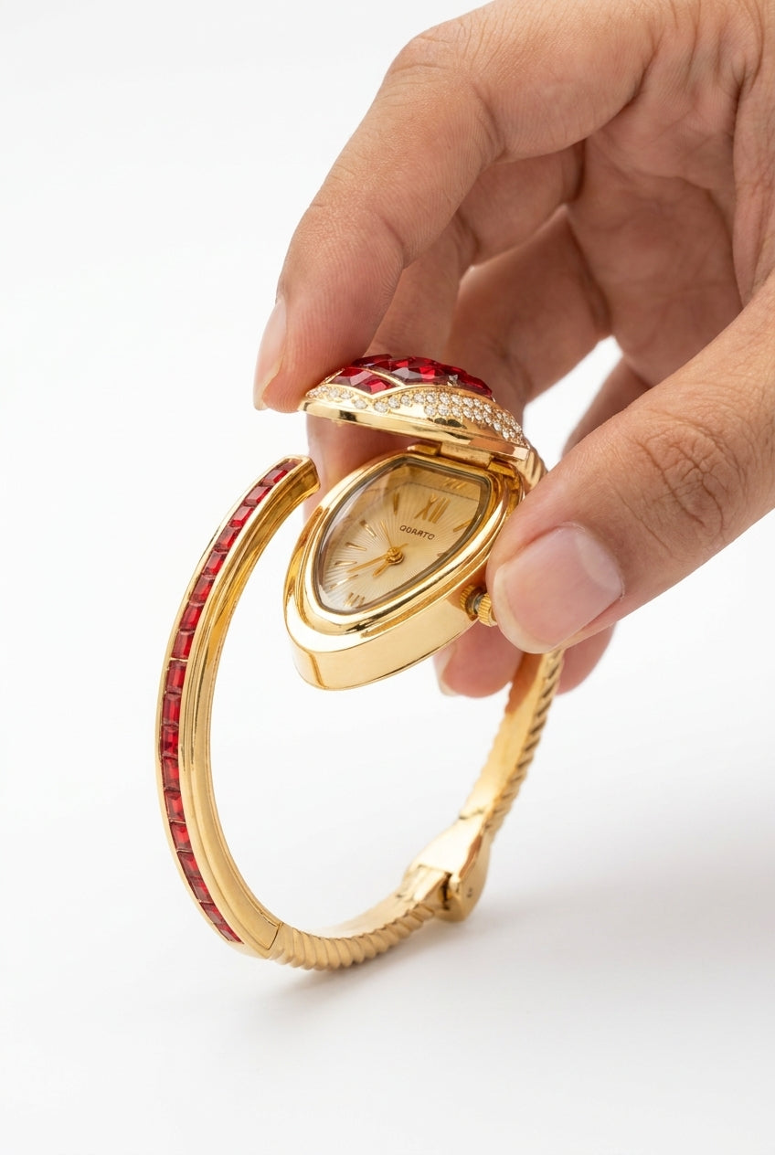 Red Crystal Serpent Cuff Watch – Stainless Steel