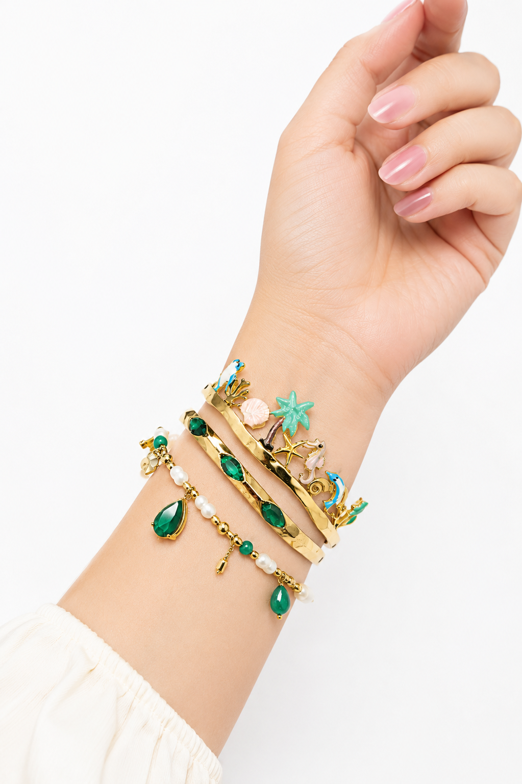 Emerald charm stack bracelet