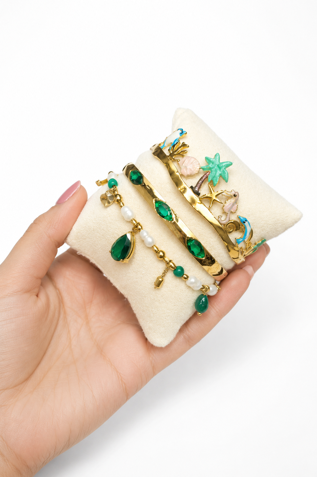 Emerald charm stack bracelet
