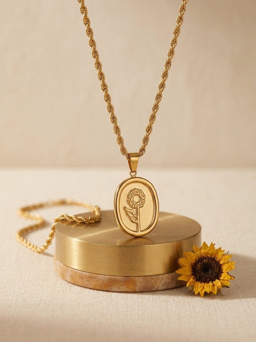 Rose Engraved Oval Pendant Necklace for Women