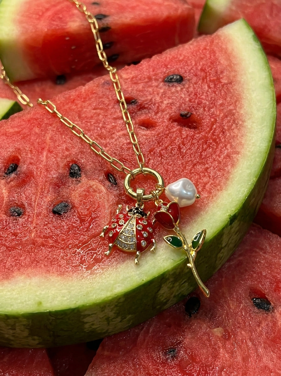 Ladybug Rose & Pearl Charm Pendant Necklace