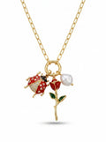 Ladybug Rose & Pearl Charm Pendant Necklace